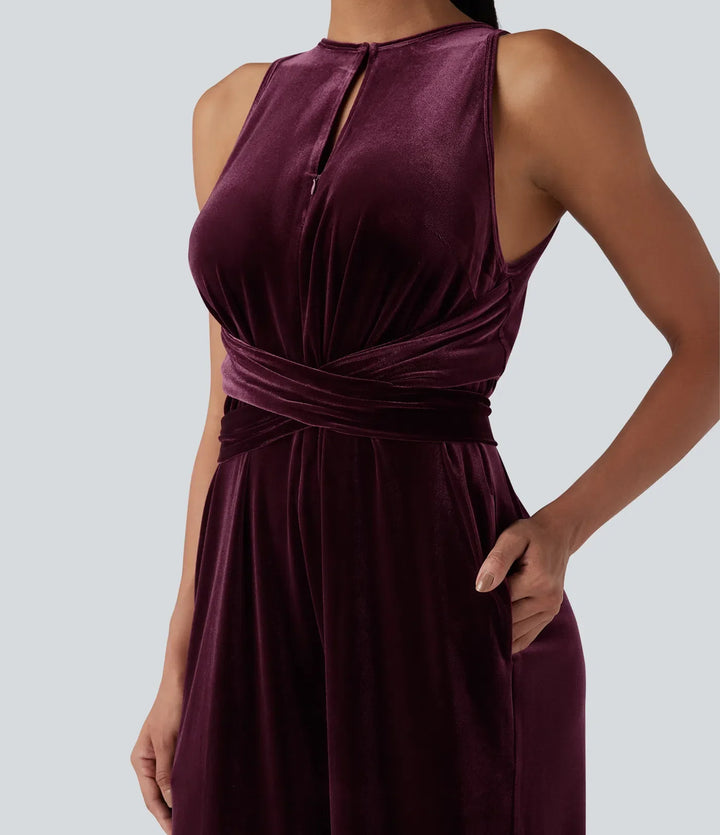 Round Neck Sleeveless Tie Back Velvet Party Jumpsuit with Pockets