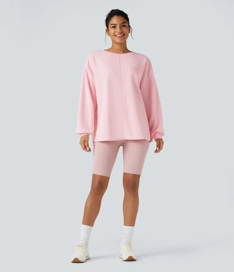Round Neck Long Sleeve Split Hem Waffle Oversized Casual Sweatshirt with Pockets