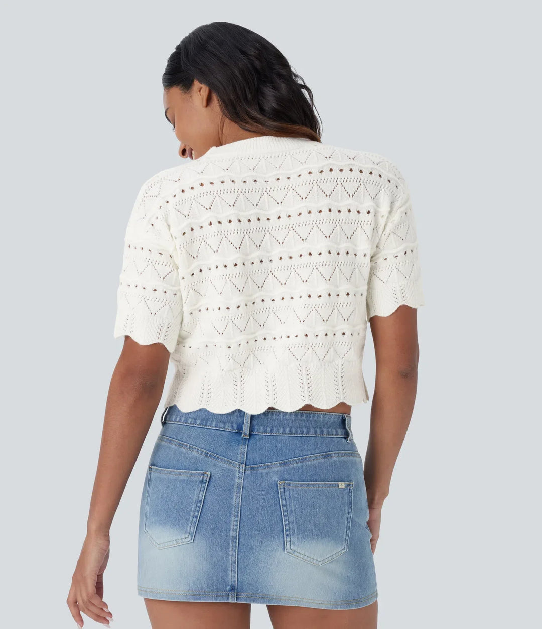 Round Neck Short Sleeve Scallop Hem Open Knit Casual Jumper