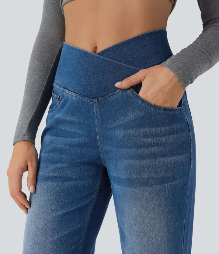 Halara Flex Crossover High Waisted Tummy Control Casual Straight Leg Jeans with Pockets