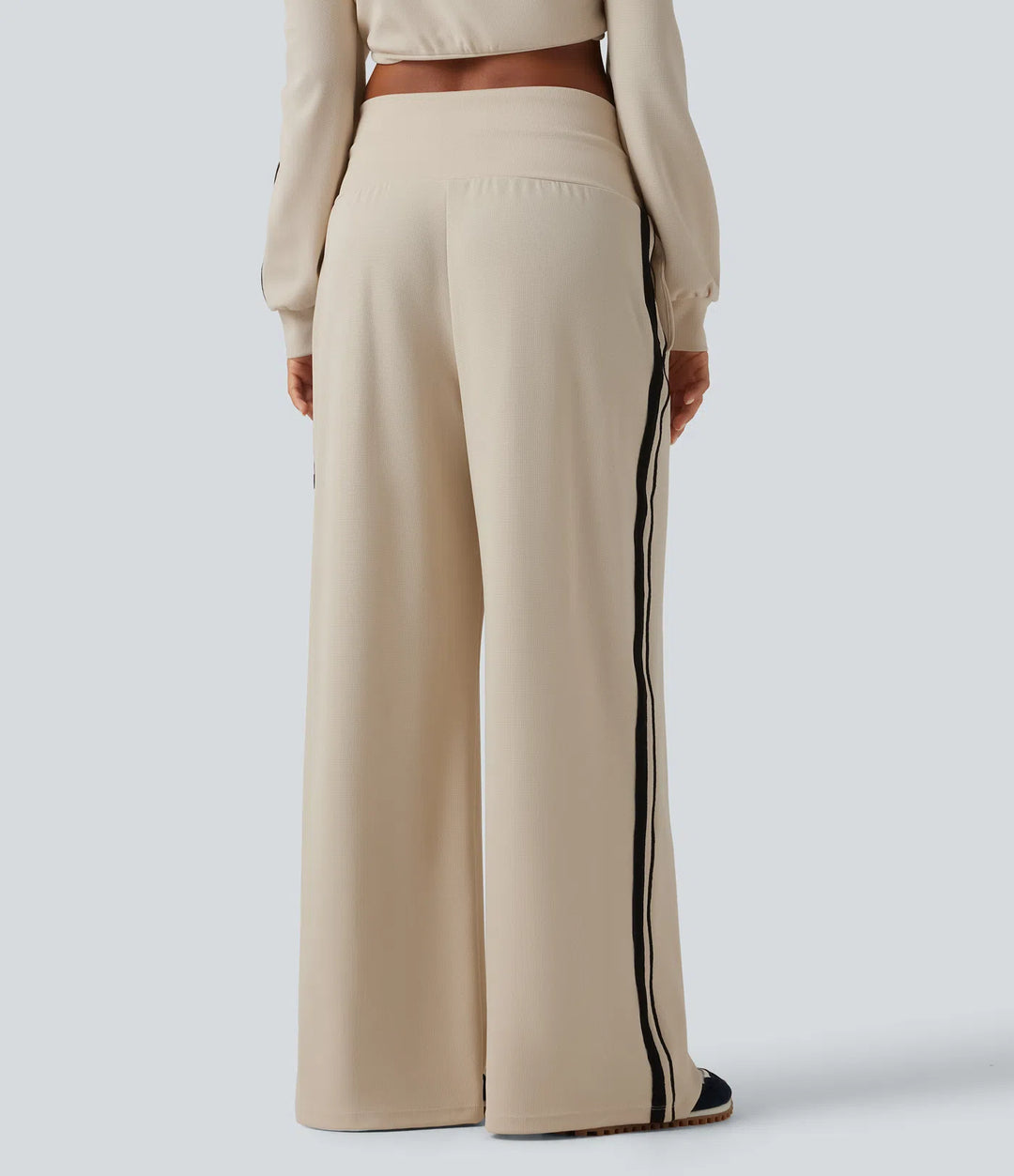 High Waisted Drawstring Wide Leg Side Stripe Waffle Casual Trousers with Pockets