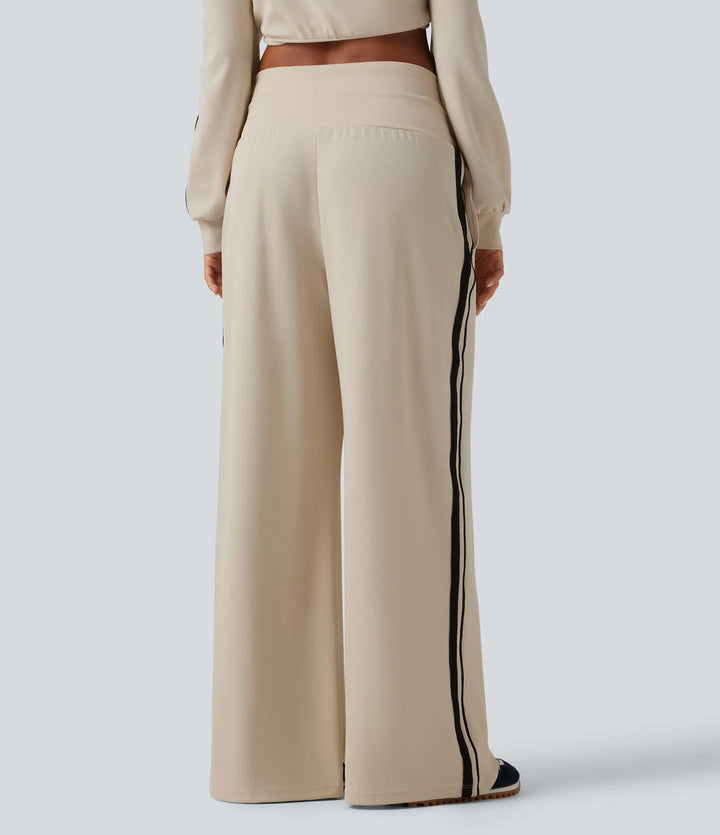 High Waisted Drawstring Wide Leg Side Stripe Waffle Casual Trousers with Pockets