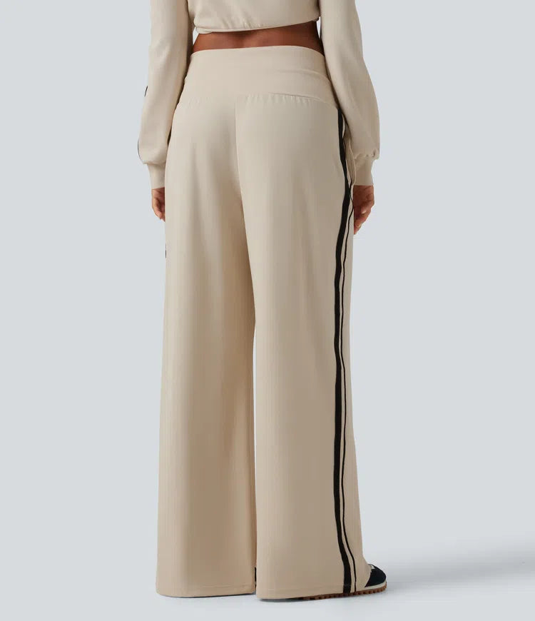 High Waisted Drawstring Wide Leg Side Stripe Waffle Casual Trousers with Pockets