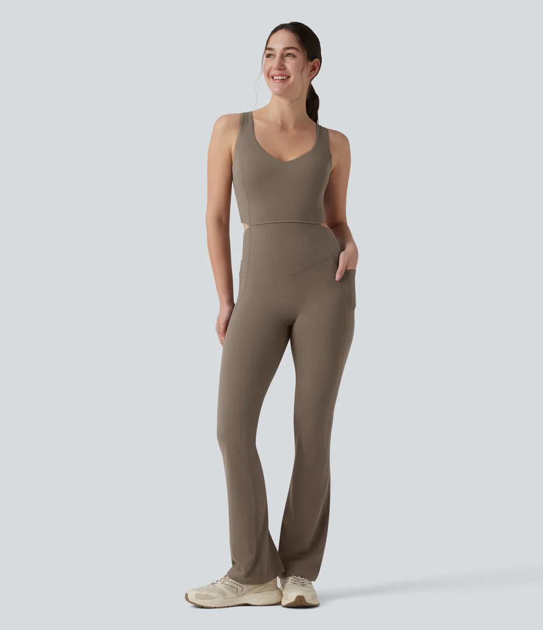 Halara UltraSculpt Crisscross Backless Tummy Control Butt Lifting Scrunch Non-Removable Pad Workout Flare Jumpsuit with Pockets-Easy Peezy