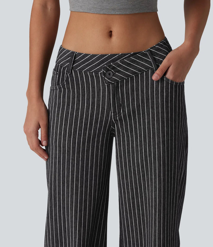 Halara Flex Asymmetric Low Rise Wide Leg Stripe Work Jeans with Pockets