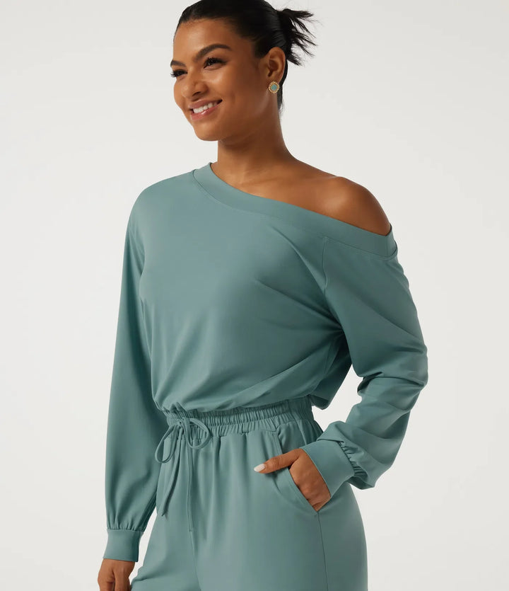 One Shoulder Long Sleeve Drawstring Casual Jumpsuit with Pockets - Easy Peezy Edition