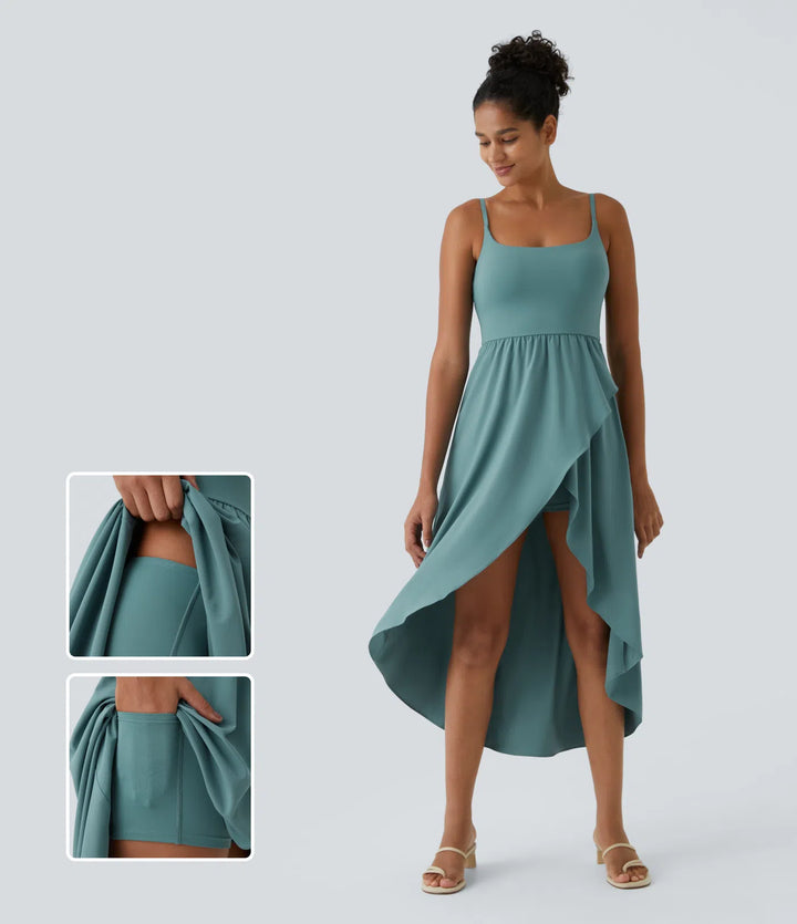 Breezeful Backless High Low 2-Piece Side Pocket Flowy Midi Quick Dry Casual Dress