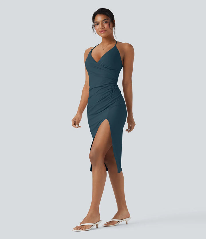 SoftlyZero Airy Crossover Ruched Lace Up Bodycon InstantCool Dress DD-F Cups