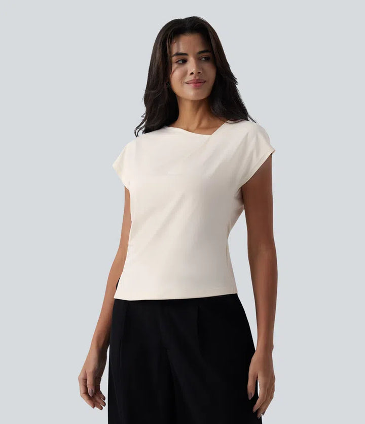 Asymmetric Cowl Neck Short Sleeve Ruched Split Hem Work Blouse