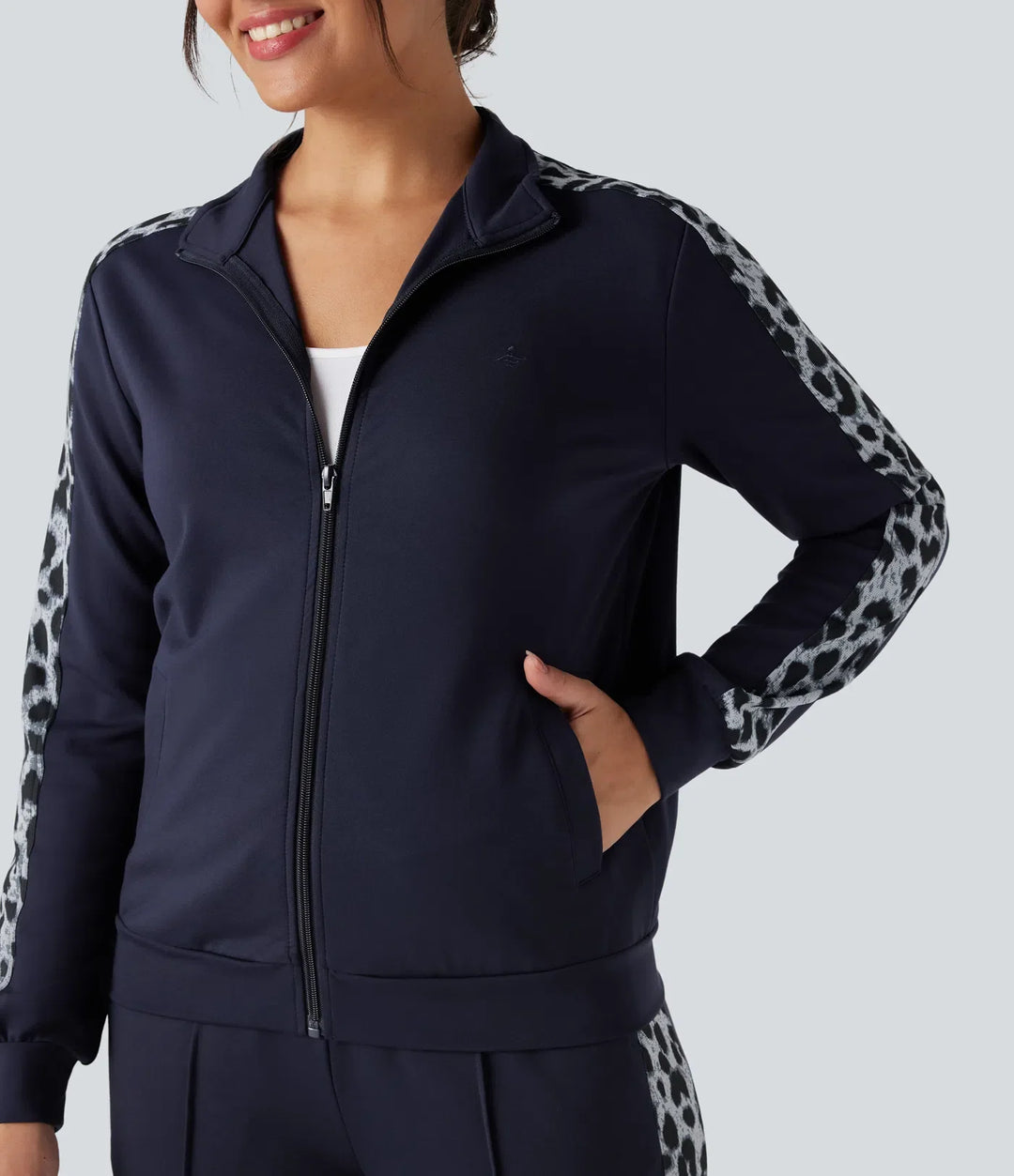 Stand Collar Contrast Leopard Casual Jacket with Pockets