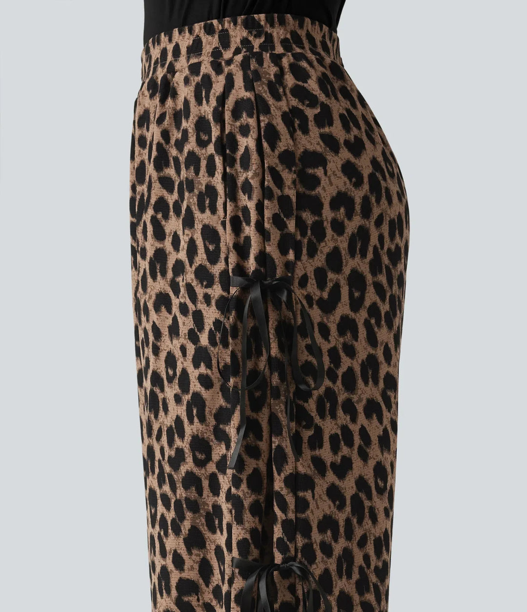 High Waisted Leopard Print Waffle Wide Leg Casual Trousers with Pockets