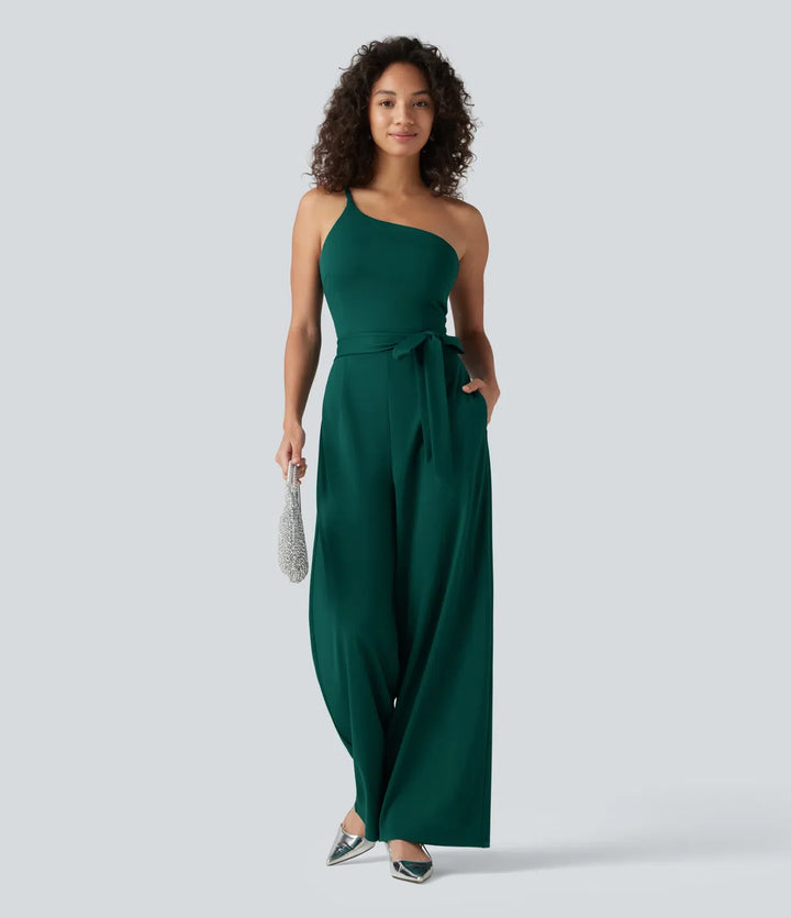 One Shoulder Sleeveless Belted Built-in Bra Party Jumpsuit with Pockets- Easy Peezy