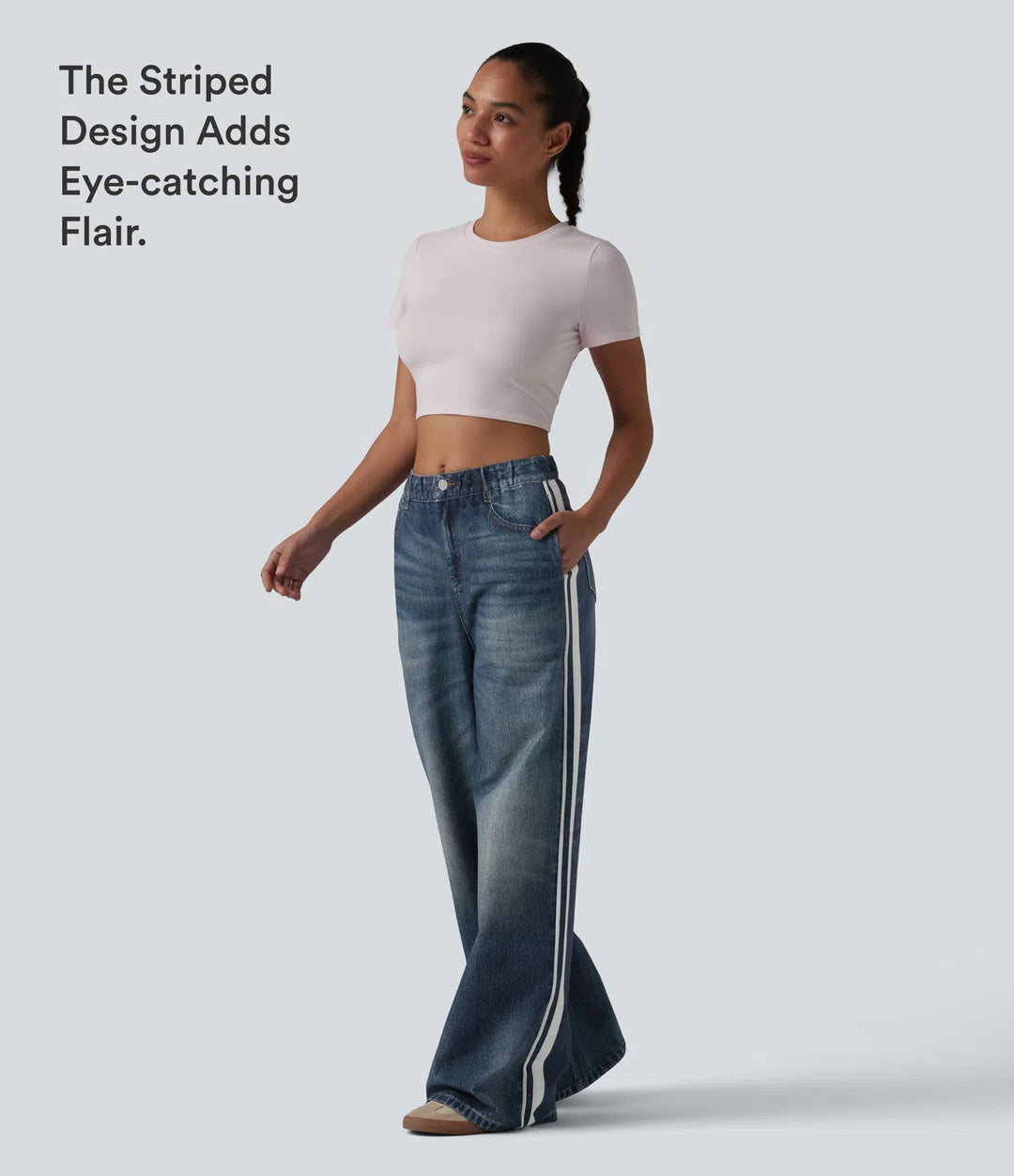 Mid Rise Denim Print French Terry Stripe Casual Sweattrousers Jeans with Pockets