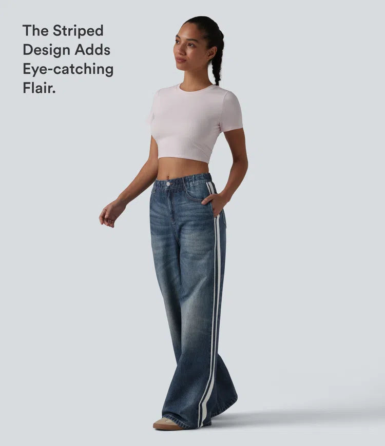 Mid Rise Denim Print French Terry Stripe Casual Sweattrousers Jeans with Pockets