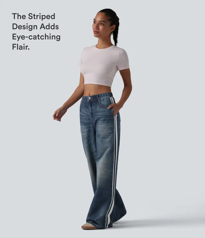 Mid Rise Denim Print French Terry Stripe Casual Sweattrousers Jeans with Pockets