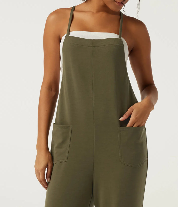 Square Neck Crisscross Straight Leg Casual Overalls with Pockets