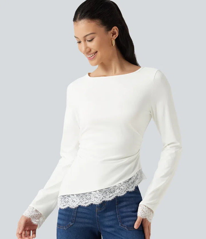 Boat Neck Long Sleeve Contrast Lace Asymmetric Hem Casual Top