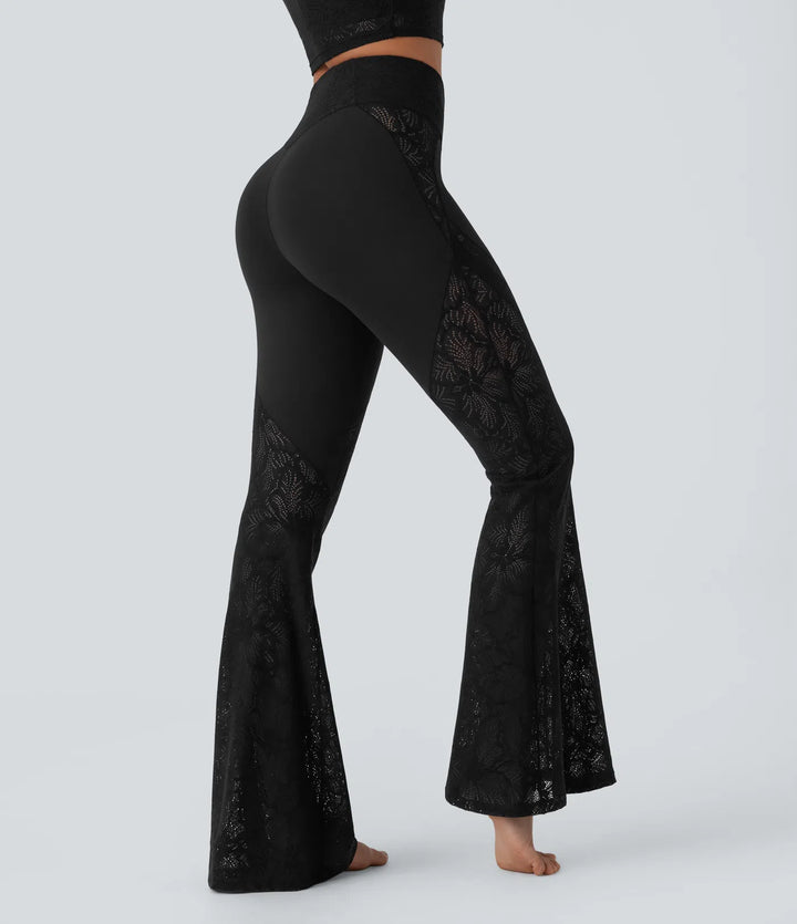 Softlyzero High Waisted Crossover Back Pocket Contrast Lace Flared Yoga Leggings