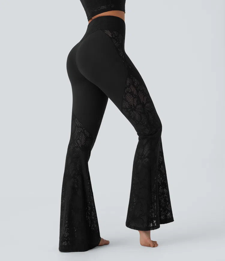 Softlyzero High Waisted Crossover Back Pocket Contrast Lace Flared Yoga Leggings