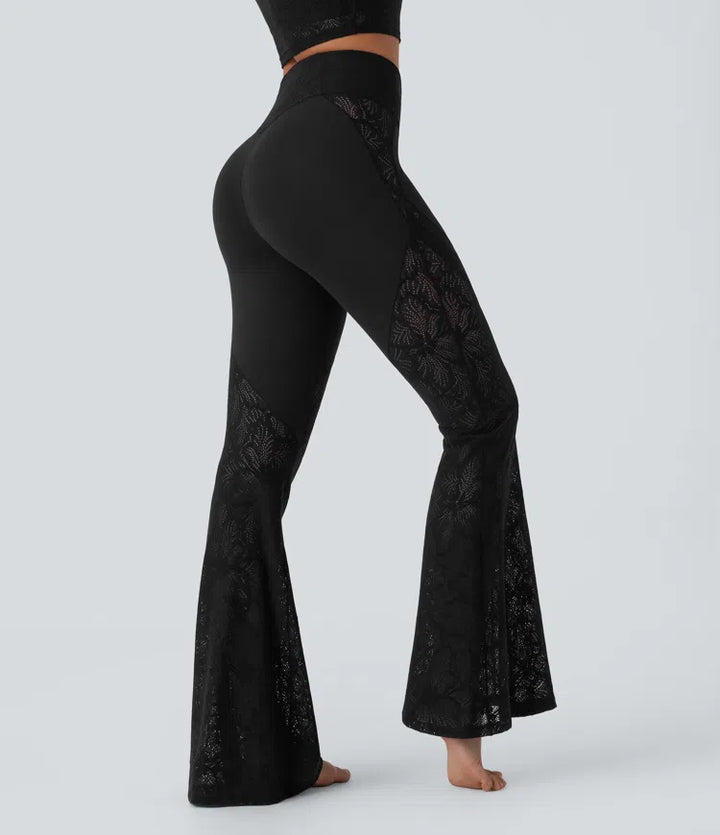 Softlyzero High Waisted Crossover Back Pocket Contrast Lace Flared Yoga Leggings