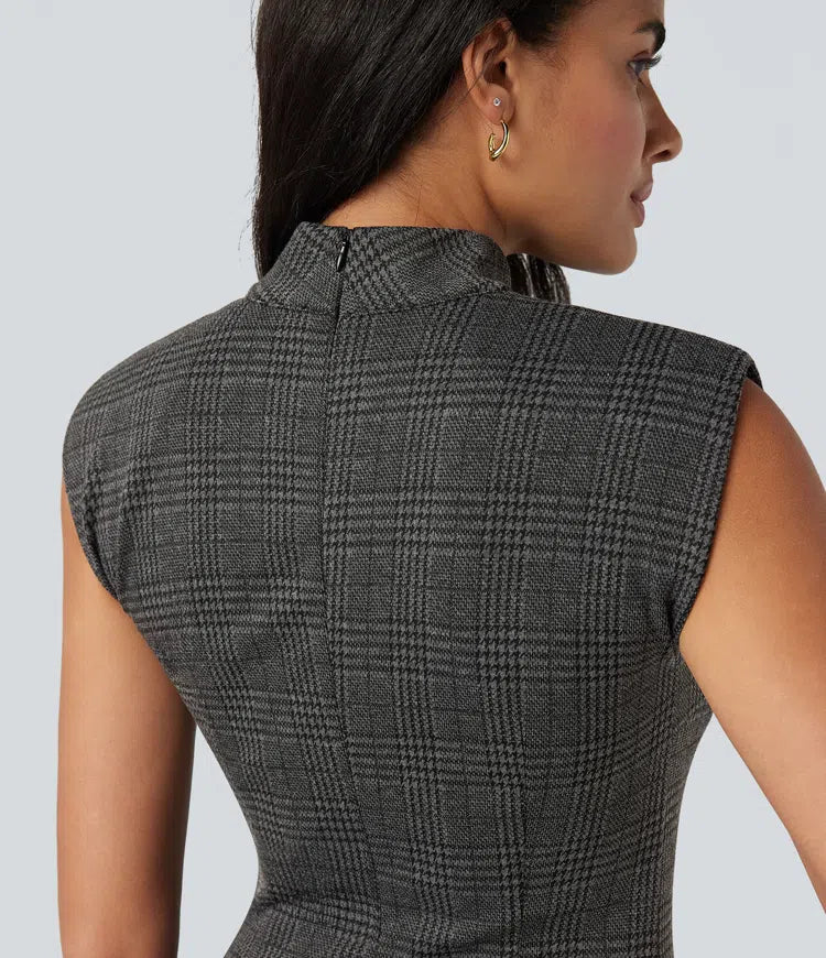 High Neck Sleeveless Bodycon Houndstooth Plaid Midi Work Dress
