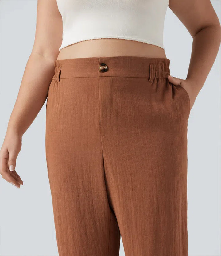 High Waisted Capri Linen-Feel Resort Plus Size Trousers with Pockets