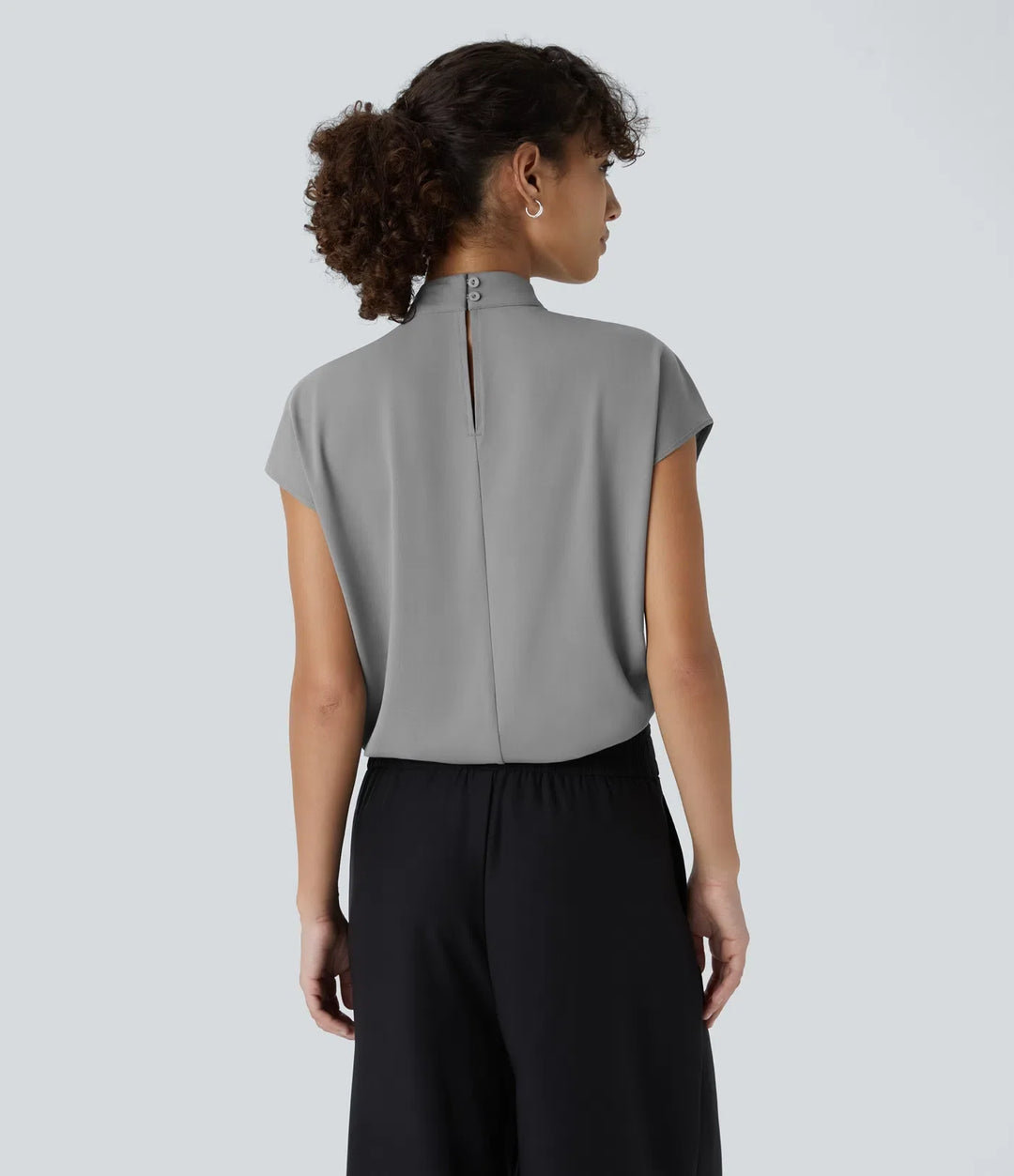 Stand Collar Back Cap Sleeve Work Blouse