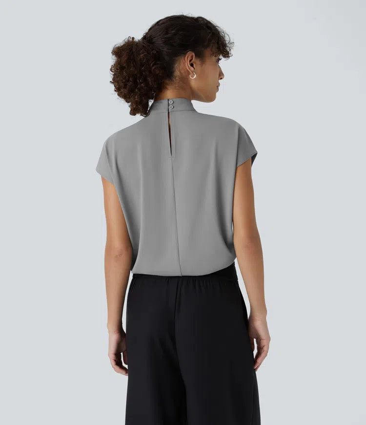 Stand Collar Button Back Cap Sleeve Work Blouse