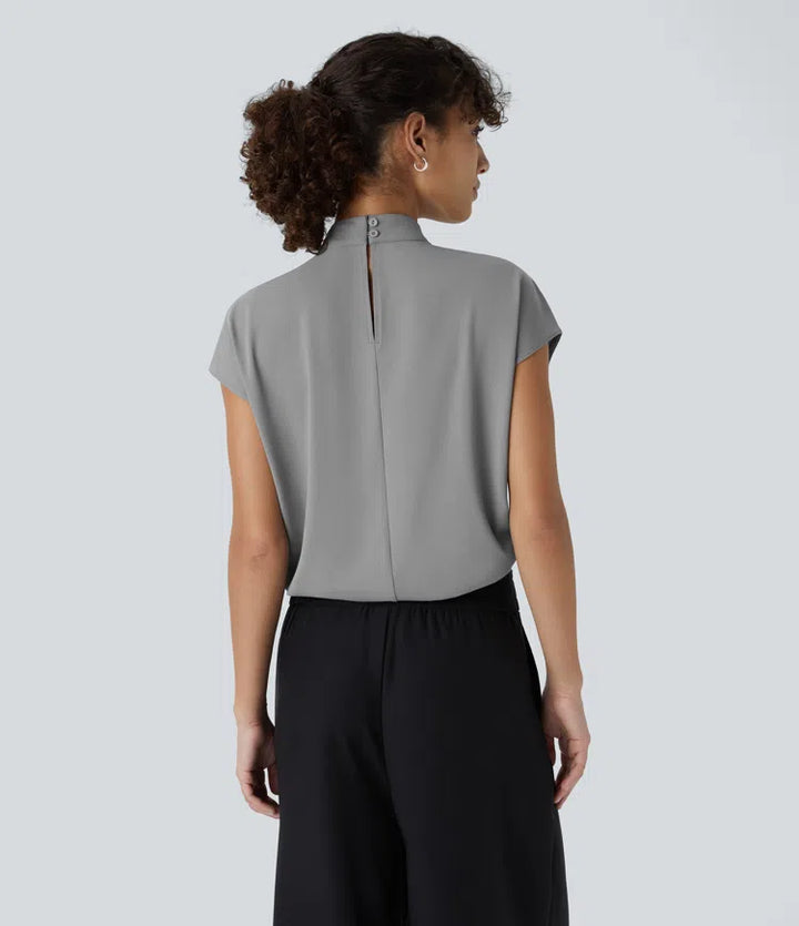 Stand Collar Button Back Cap Sleeve Work Blouse