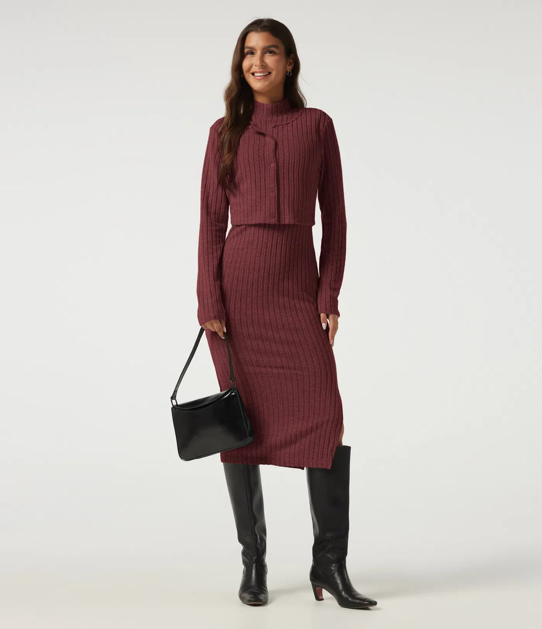 Mock Neck Long Sleeve 2 Piece Bodycon Work Midi Dress