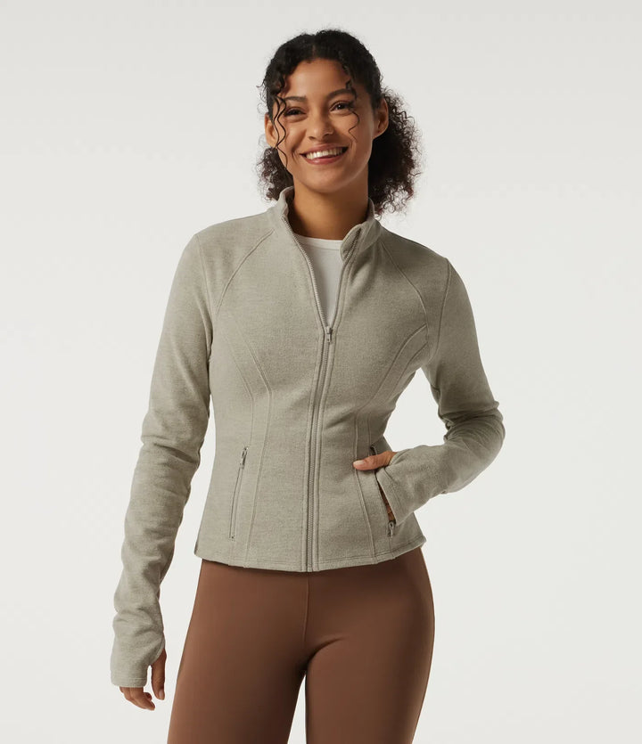 Stand Collar Long Sleeve Fleece Workout Jacket with Pockets and Thumb Holes