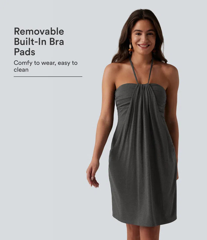 Halter Tie Back Built-in Bra Longer Mini Dress with Pockets