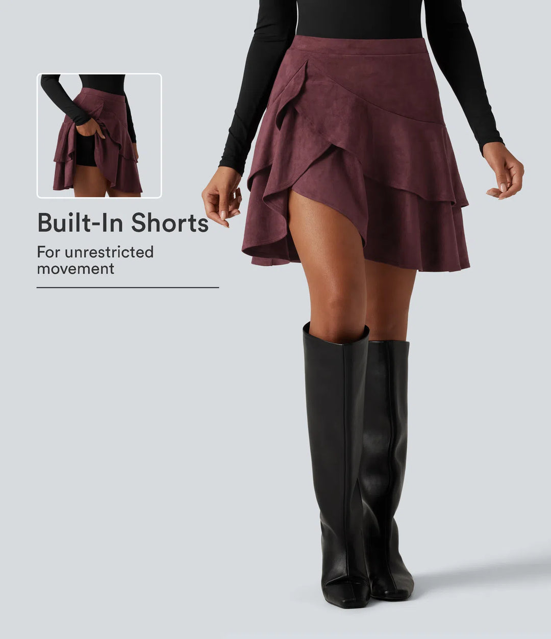 High Waisted Tiered Ruffle Hem 2-in-1 Longer Mini Suede Casual Skirt with Pocket