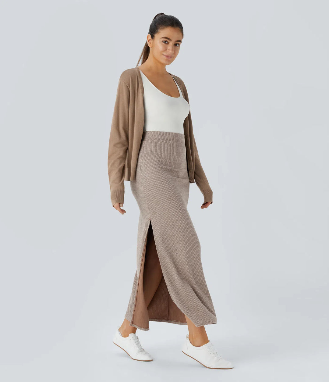 Ribbed High Waisted Hem A Line Maxi Fleece Casual Skirt