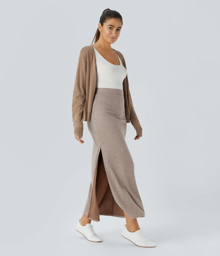 Ribbed High Waisted Hem A Line Maxi Fleece Casual Skirt