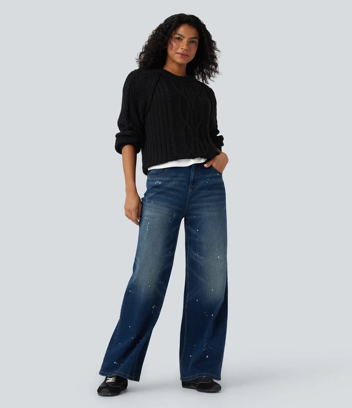 Round Neck Raglan Long Sleeve Relaxed Cable Knit Casual Jumper