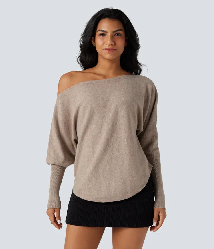 One-shoulder Batwing Sleeve Curved Hem Work Jumper