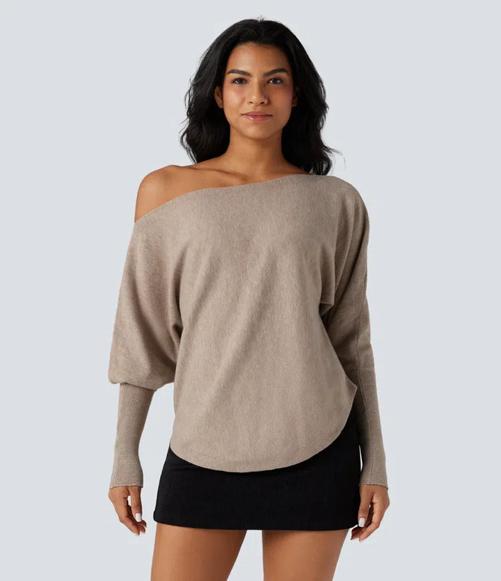 One-shoulder Batwing Sleeve Curved Hem Work Jumper