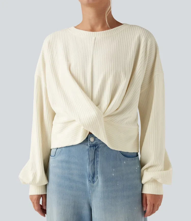 Ribbed Knit Round Neck Long Sleeve Twisted Hem Casual Sweatshirt
