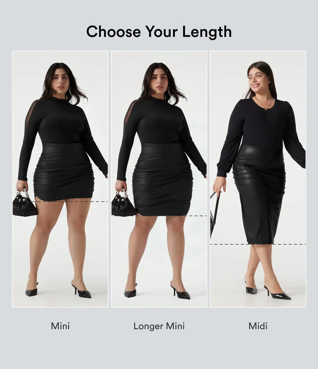 Plus Size High Waisted Tummy Control Ruched Curved Hem 2-in-1 Fleece PU Leather Midi Casual Skirt