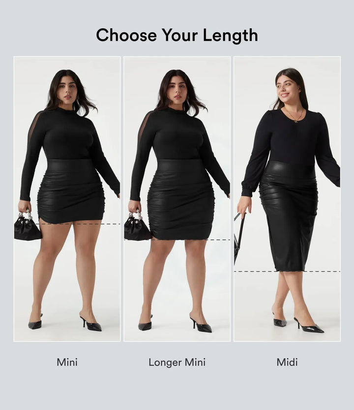 Plus Size High Waisted Tummy Control Ruched Curved Hem 2-in-1 Fleece PU Leather Midi Casual Skirt