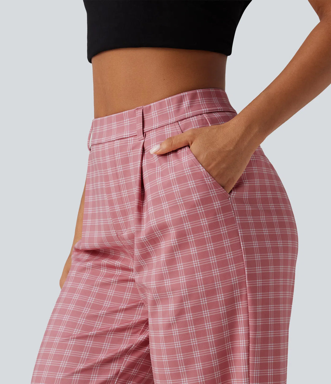 Halara Flex High Waisted Straight Leg Plaid Work Trousers with Pockets