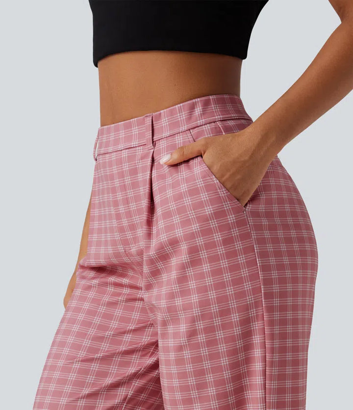 Halara Flex High Waisted Straight Leg Plaid Work Trousers with Pockets