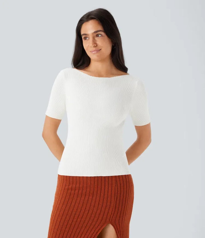Boat Neck Short Sleeve Slim Work Jumper