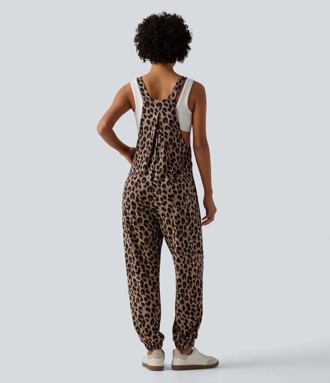 Adjustable Straps Leopard Print Waffle Casual Jogger Dungarees with Pockets
