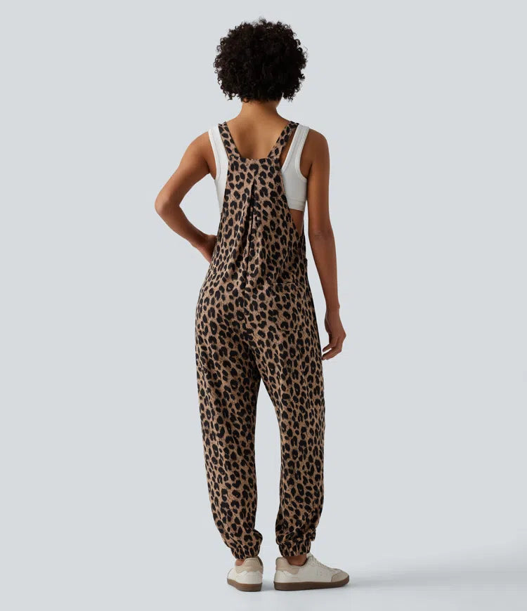 Adjustable Straps Leopard Print Waffle Casual Jogger Dungarees with Pockets