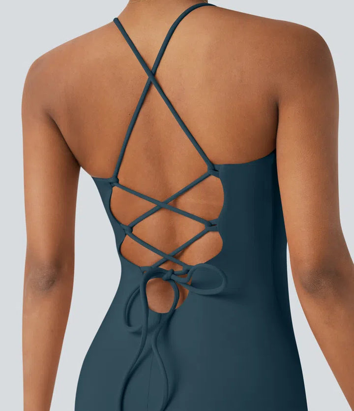 SoftlyZero Airy Crossover Ruched Lace Up Bodycon InstantCool Dress DD-F Cups