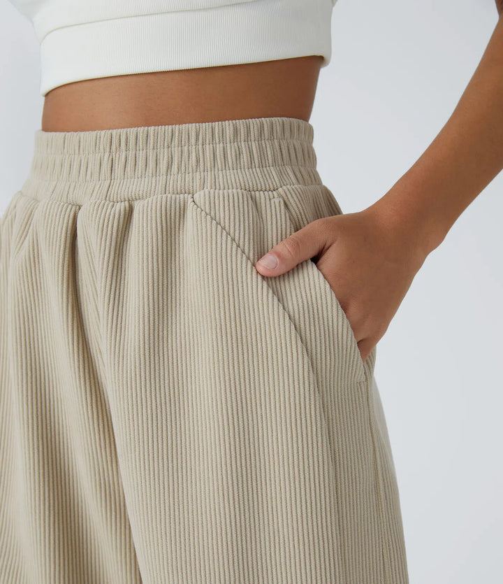 High Waisted Pocket Straight Leg Mop Corduroy Casual Trousers