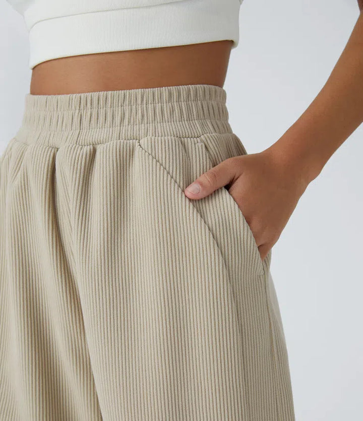 High Waisted Pocket Straight Leg Mop Corduroy Casual Trousers