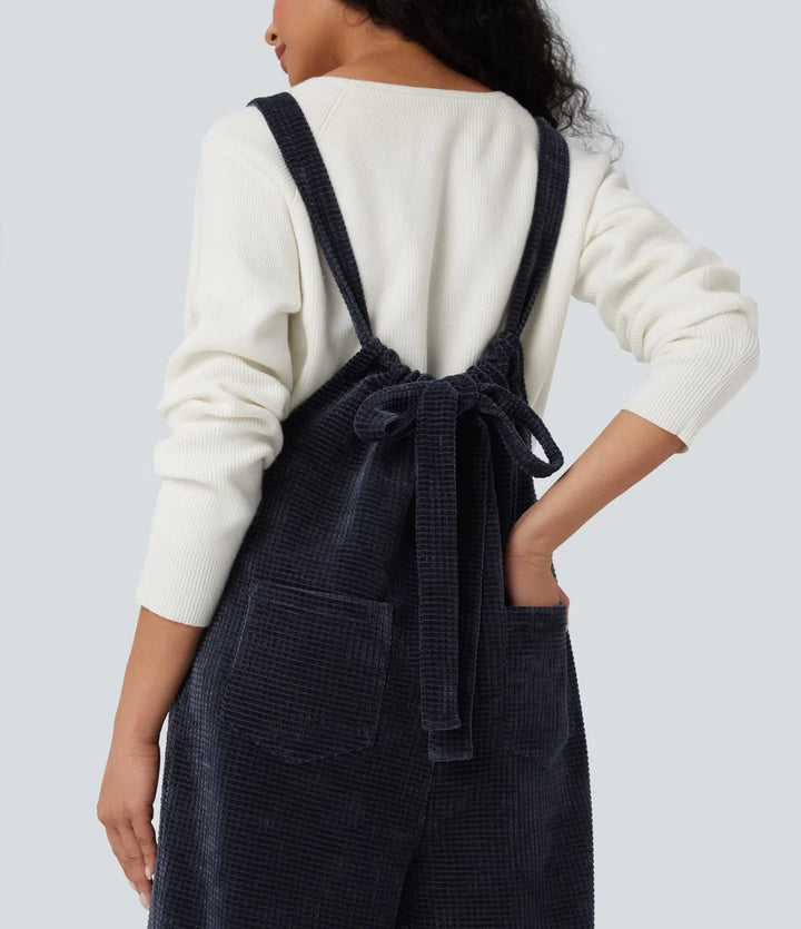 Tie Back Chenille Waffle Casual Overalls with Pockets